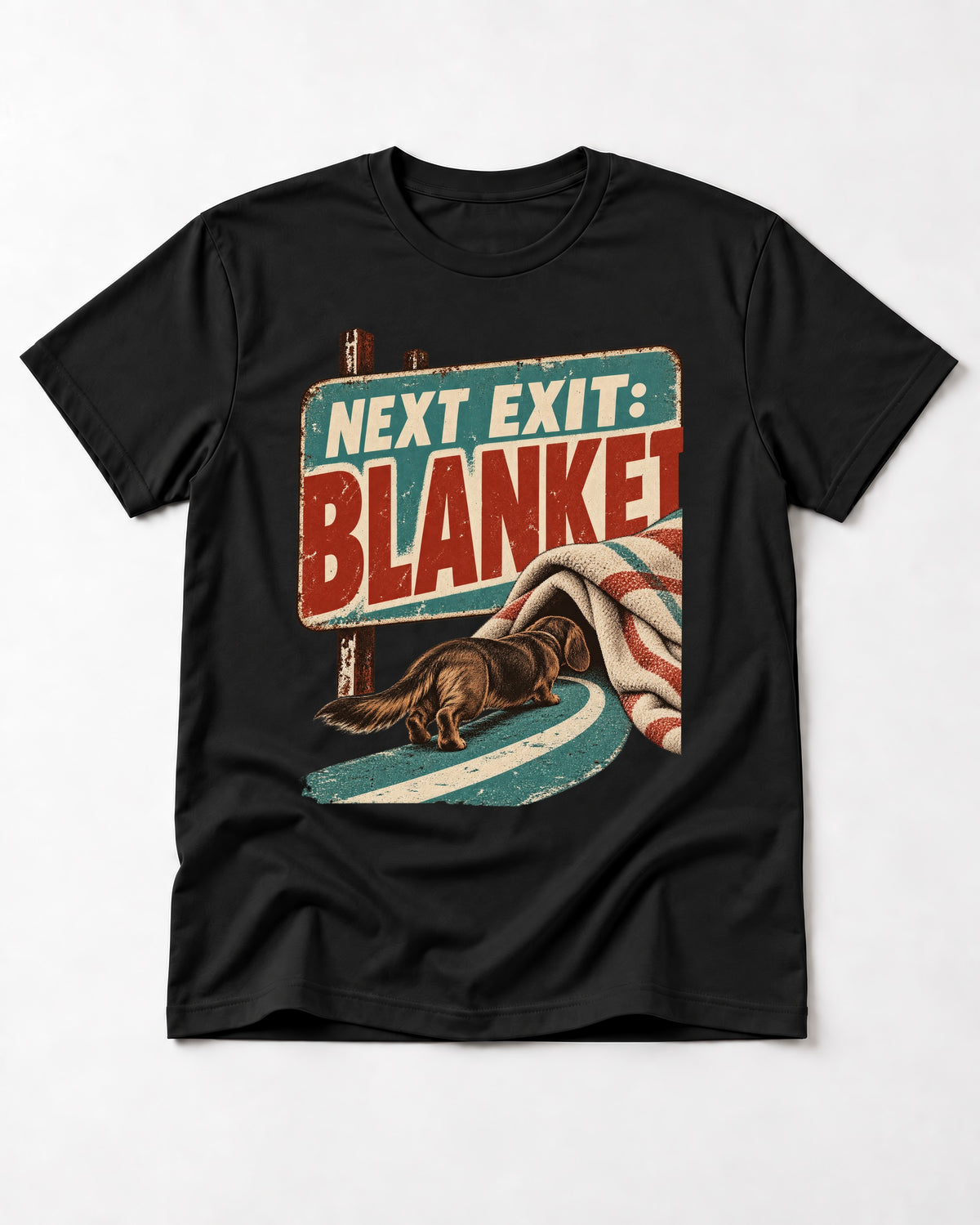 Dachshund Next Exit Blanket Road Sign Graphic T-Shirt in Black, flat lay product photo