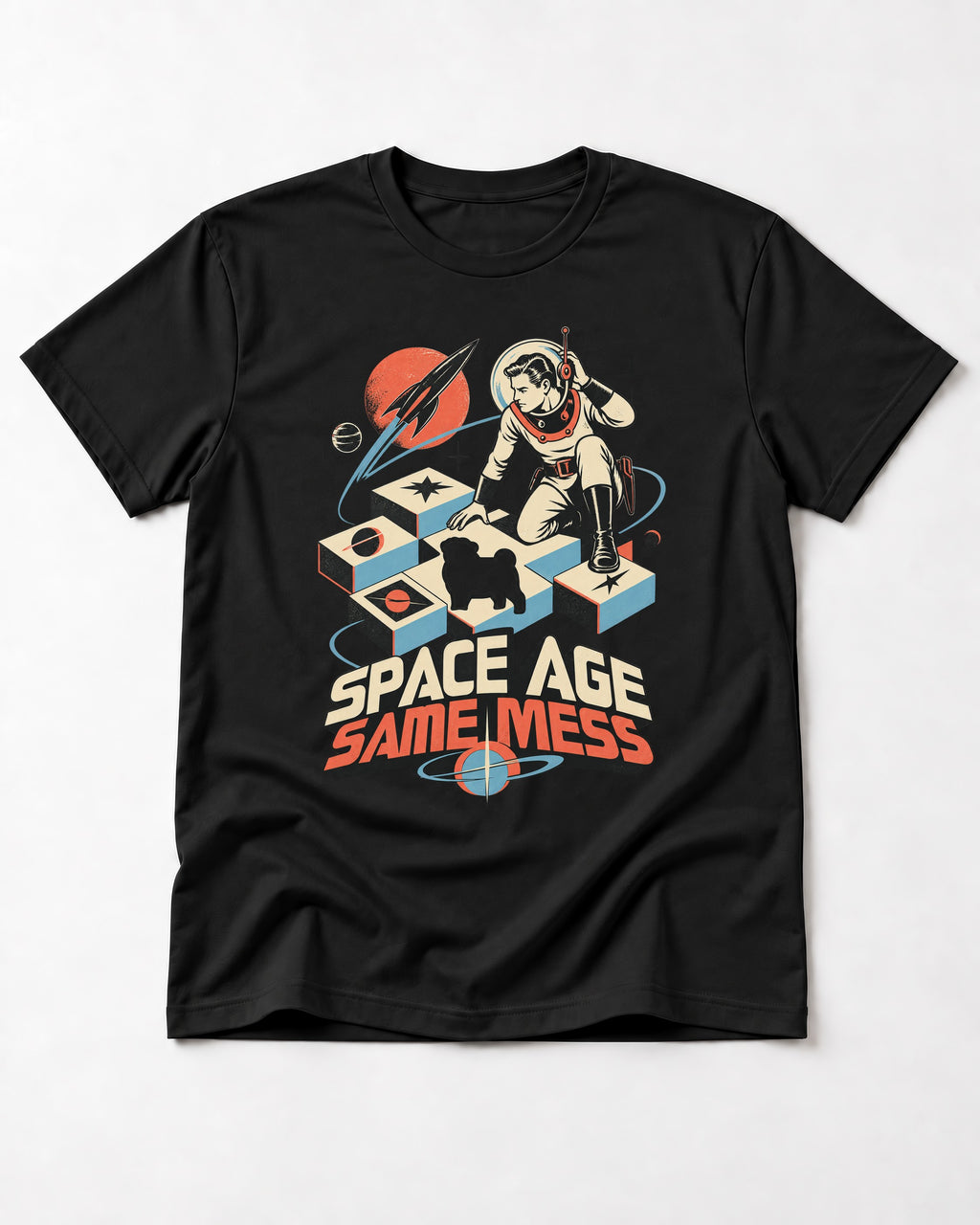Pug Space Age Same Mess Astronaut Graphic T-Shirt in Black, flat lay product photo