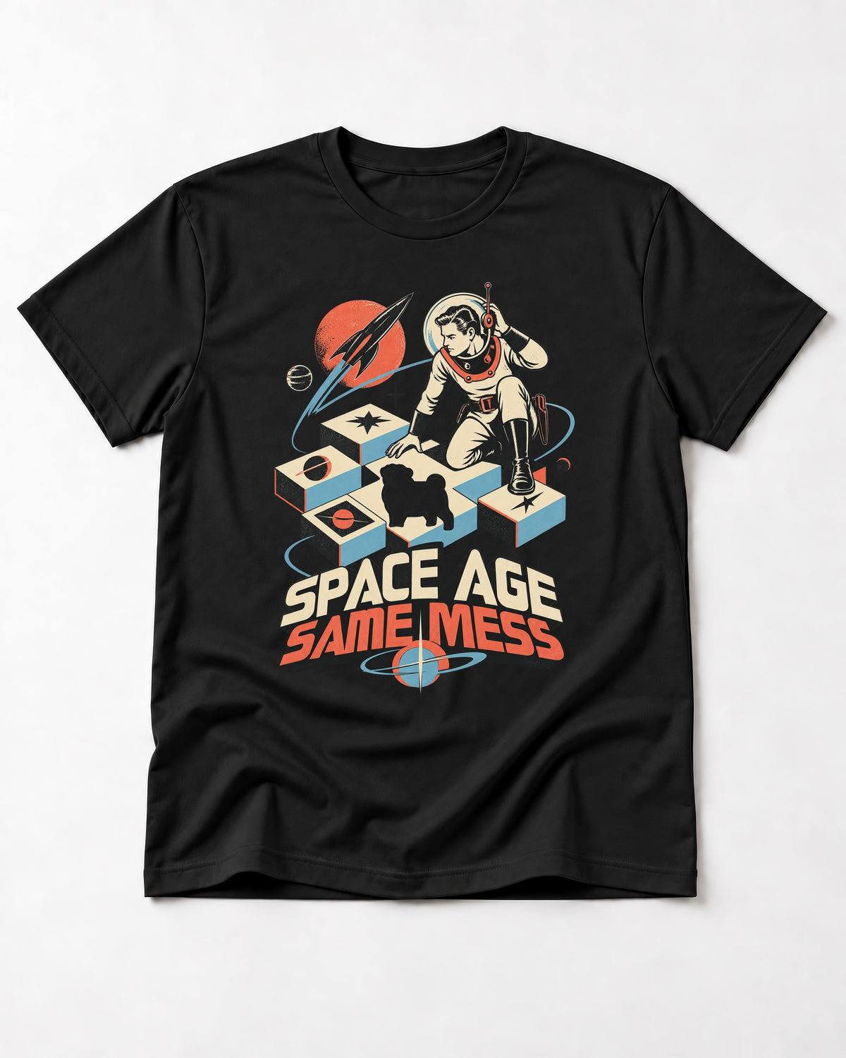 Pug Space Age Same Mess Astronaut Graphic T-Shirt in Black, flat lay product photo