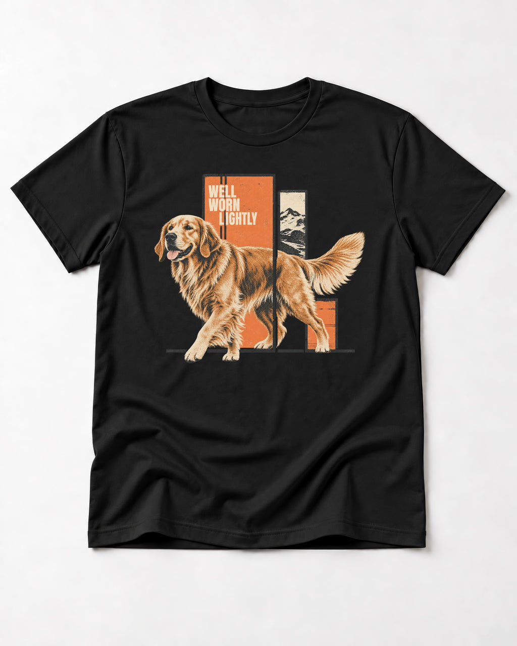 Golden Retriever Well Worn Lightly Mountain Graphic T-Shirt in Black, flat lay product photo