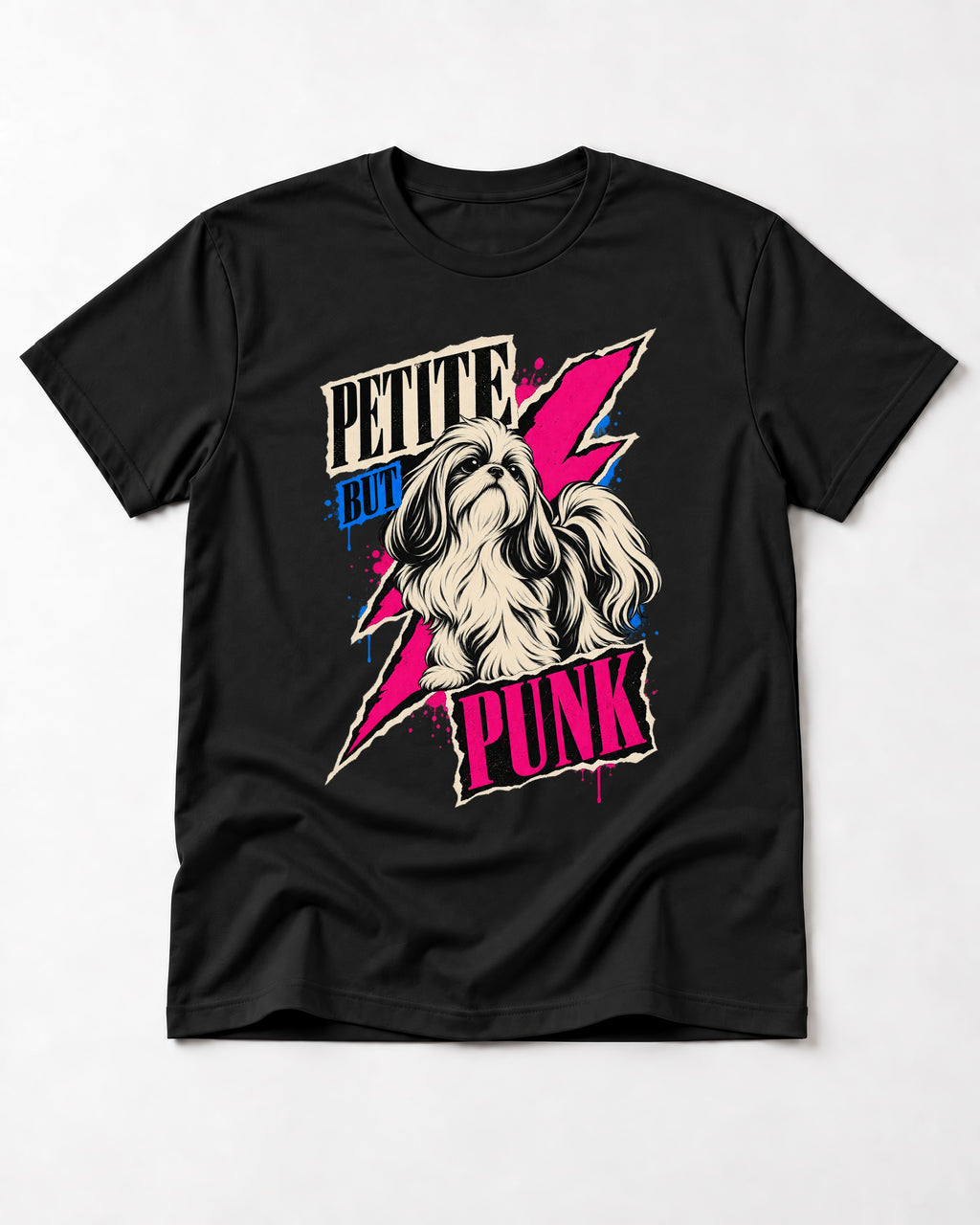 Shih Tzu Petite but Punk Lightning Graphic T-Shirt in Black, flat lay product photo