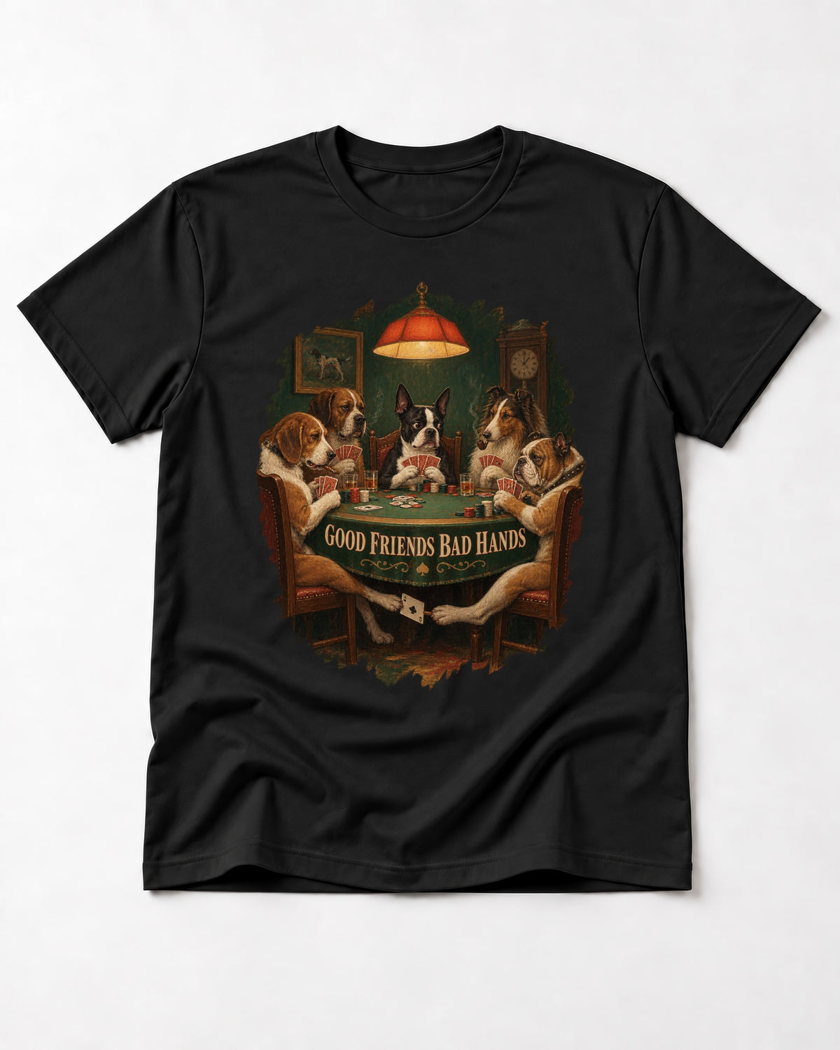 Good Friends Bad Hands Boston Terrier Poker Night T-Shirt in Black, flat lay product photo