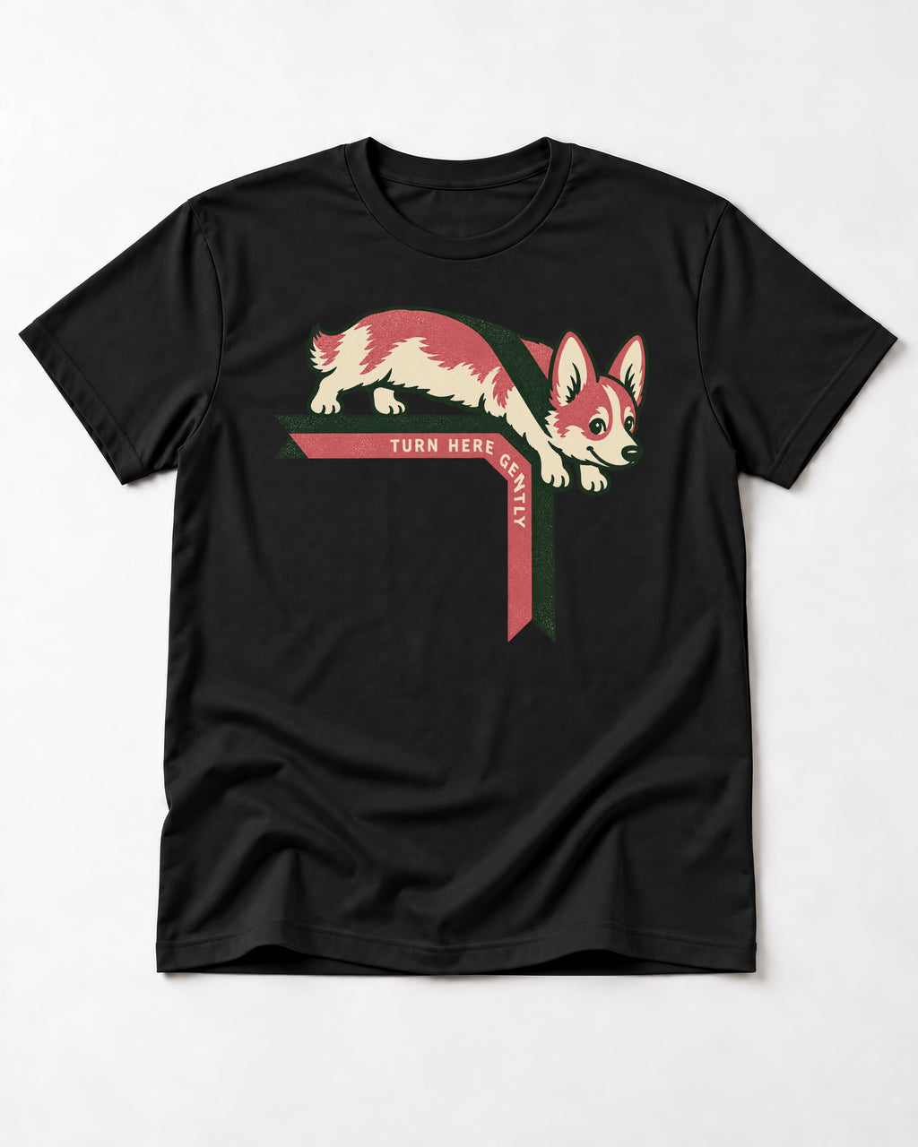 Corgi Turn Here Gently T-Shirt in Black, flat lay product photo