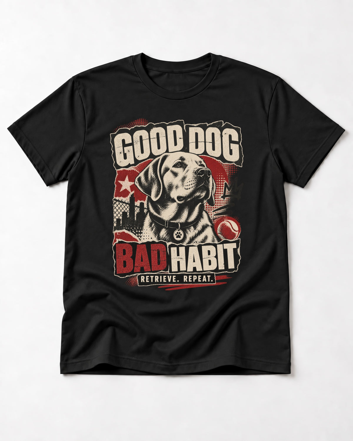 Labrador Retriever Good Dog Bad Habit Poster Graphic T-Shirt in Black, flat lay product photo