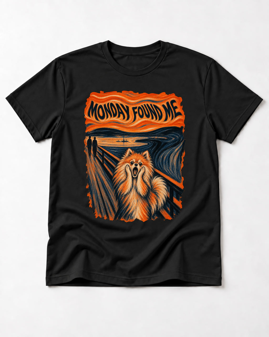 Pomeranian Monday Found Me Scream Parody Graphic T-Shirt in Black, flat lay product photo