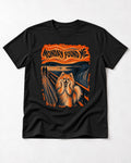 Pomeranian Monday Found Me Scream Parody Graphic T-Shirt in Black, flat lay product photo