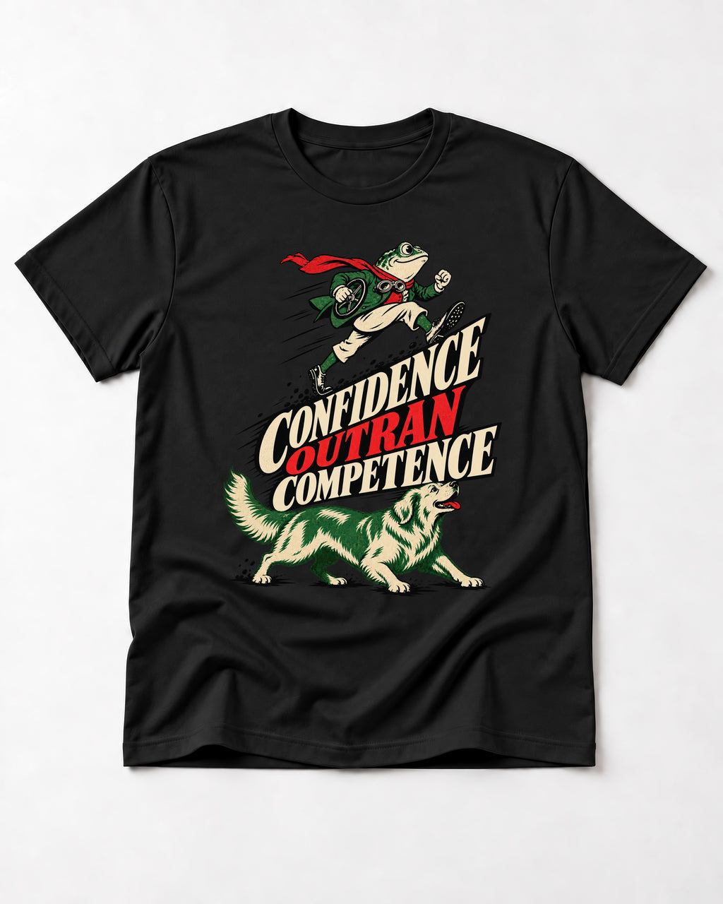 Golden Retriever Confidence Outran Competence Racing Graphic T-Shirt in Black, flat lay product photo