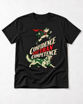 Golden Retriever Confidence Outran Competence Racing Graphic T-Shirt in Black, flat lay product photo