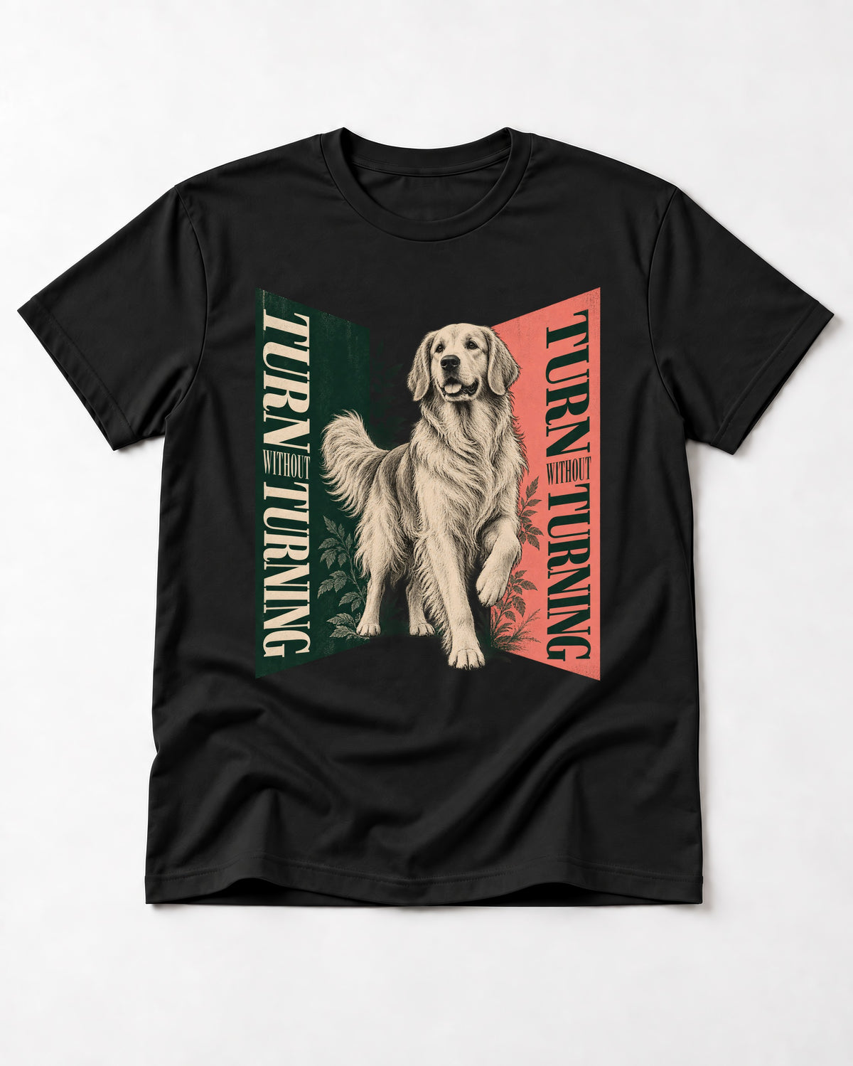 Golden Retriever Turn Without Turning Gateway Graphic T-Shirt in Black, flat lay product photo
