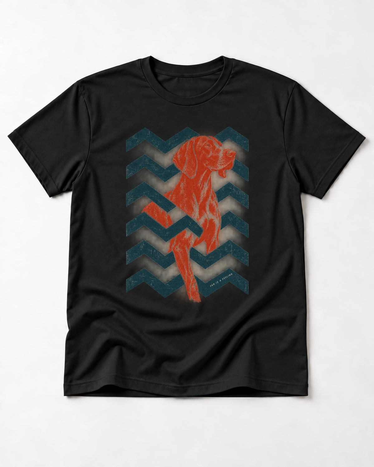 German Shorthaired Pointer Far Is a Feeling Chevron Graphic T-Shirt in Black, flat lay product photo