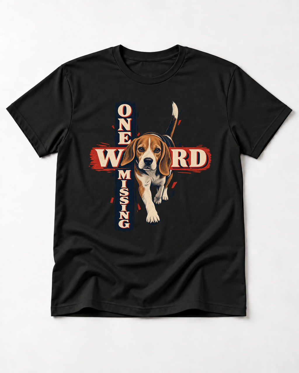 Beagle One Word Missing T-Shirt in Black, flat lay product photo