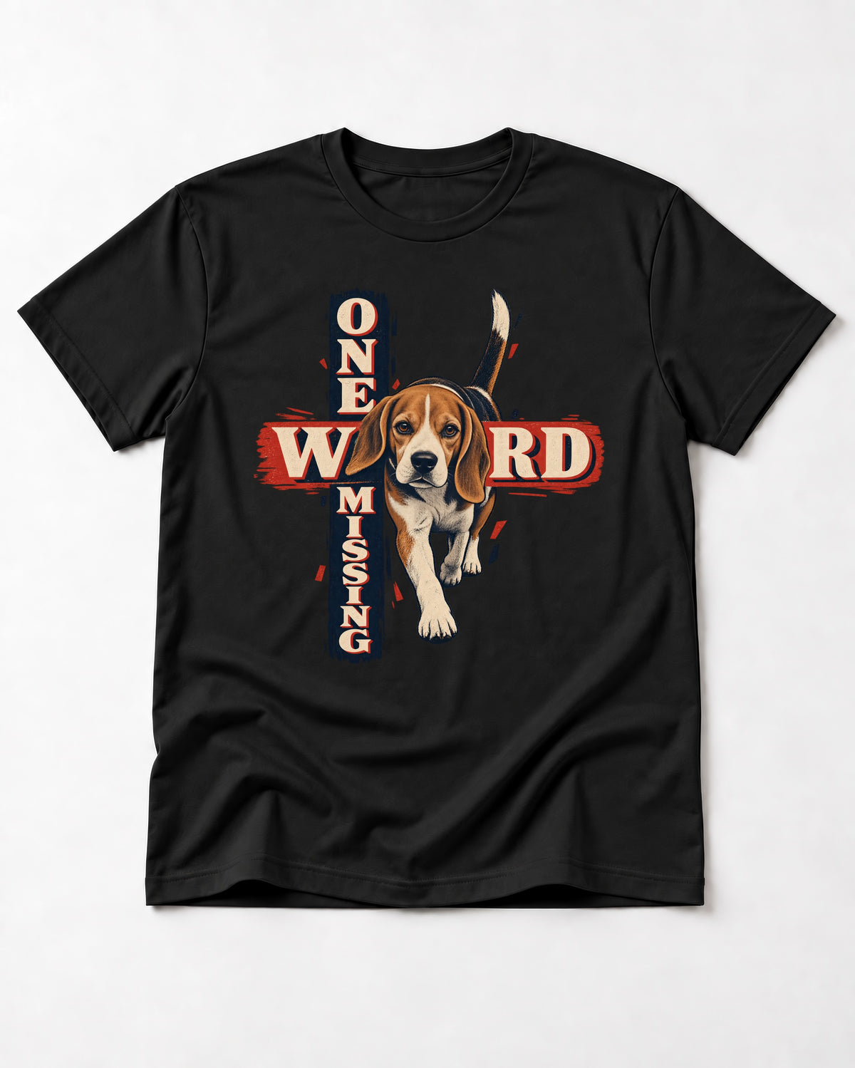 Beagle One Word Missing T-Shirt in Black, flat lay product photo