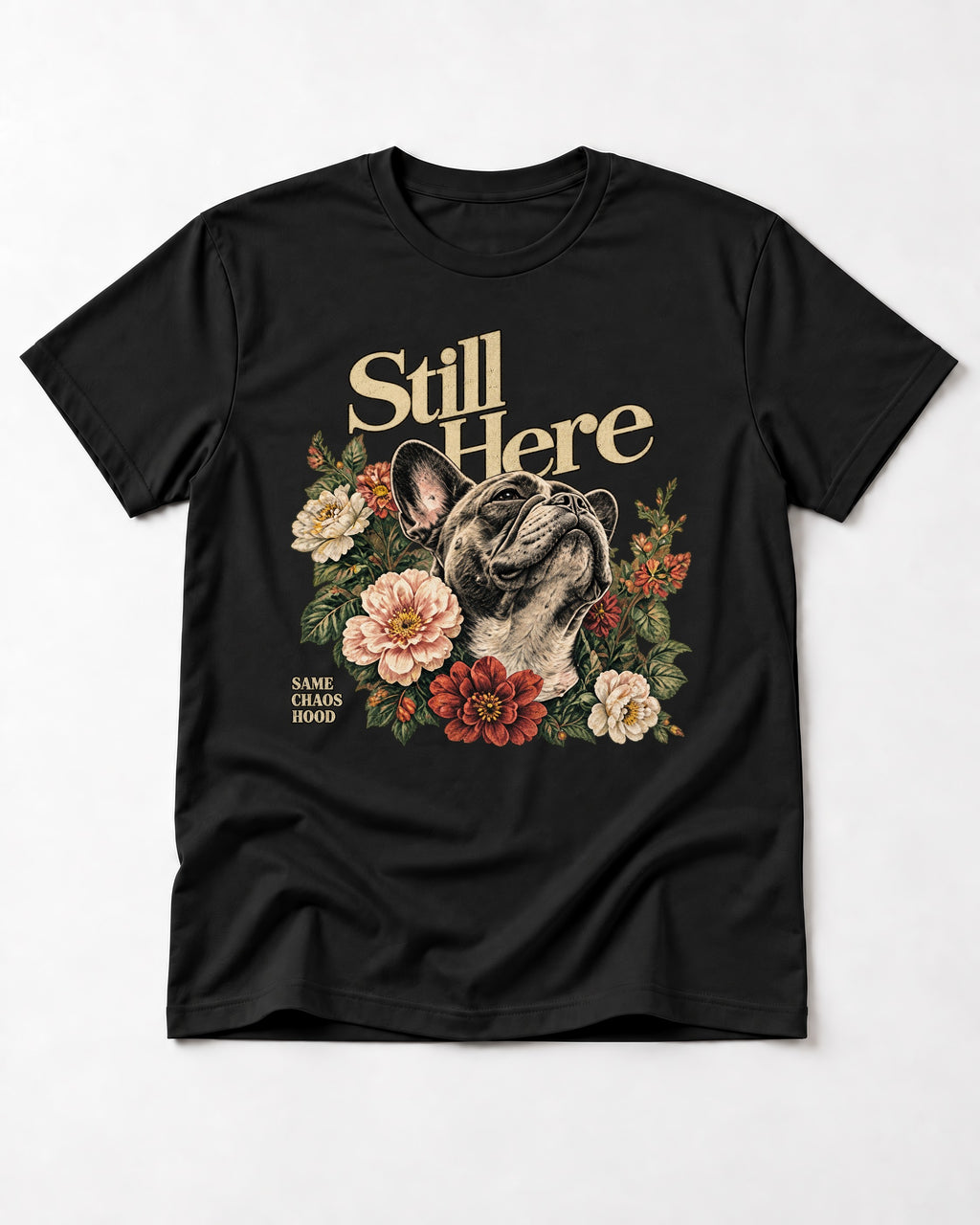Frenchie Still Here Floral Portrait Graphic T-Shirt in Black, flat lay product photo