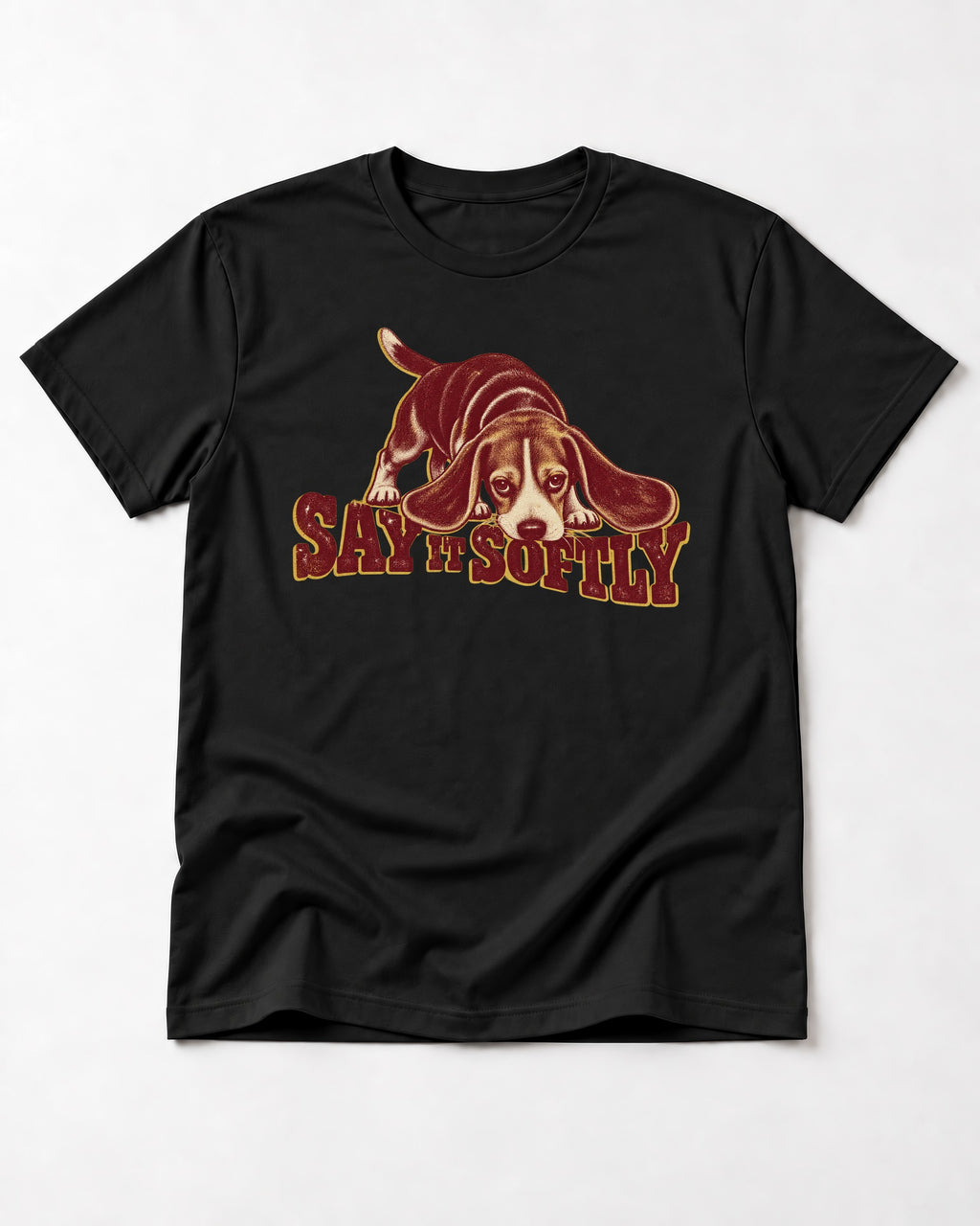 Beagle Say It Softly T-Shirt in Black, flat lay product photo