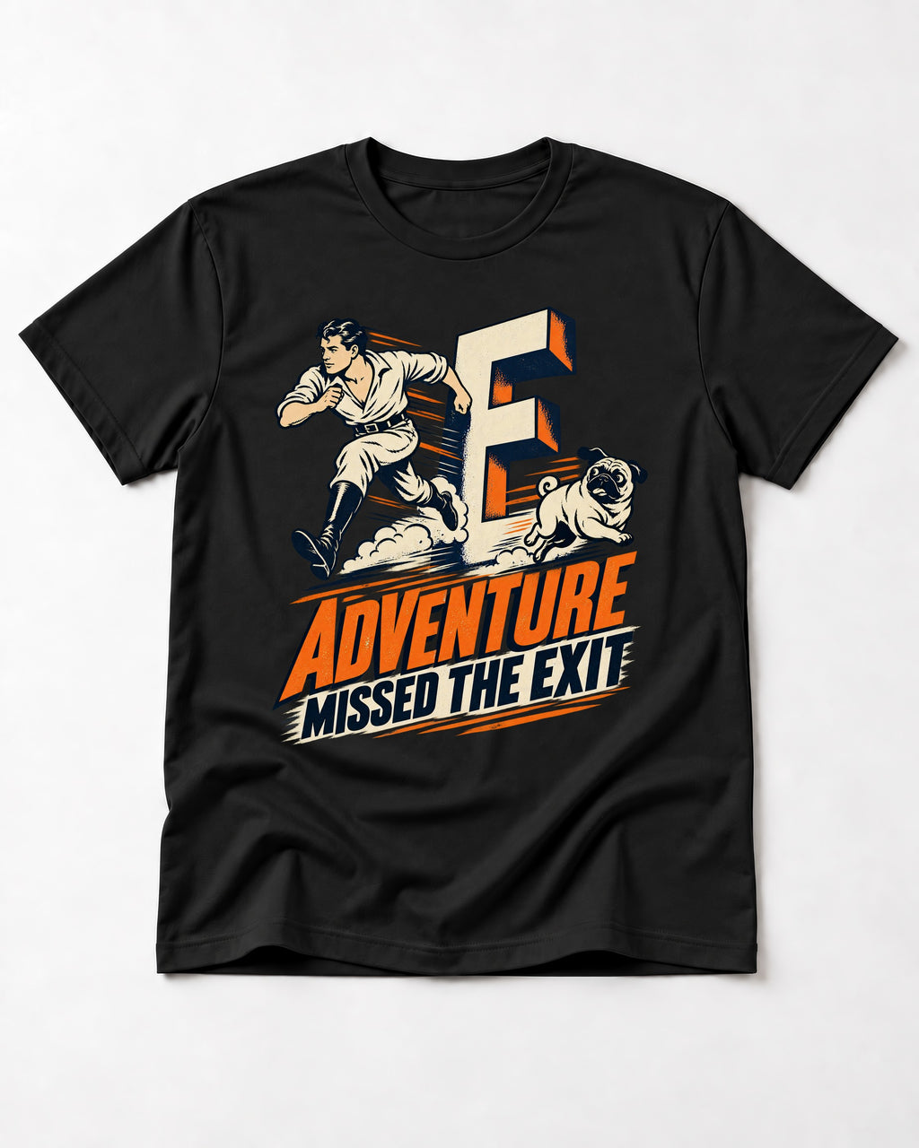 Pug Adventure Missed the Exit Running Graphic T-Shirt in Black, flat lay product photo