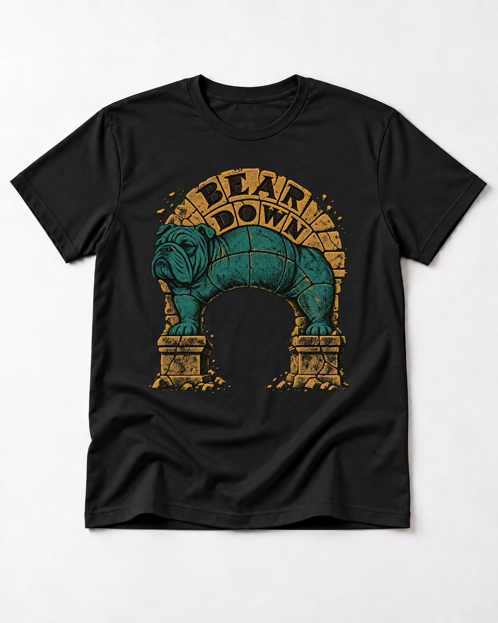 English Bulldog Bear Down Stone Arch Graphic T-Shirt in Black, flat lay product photo