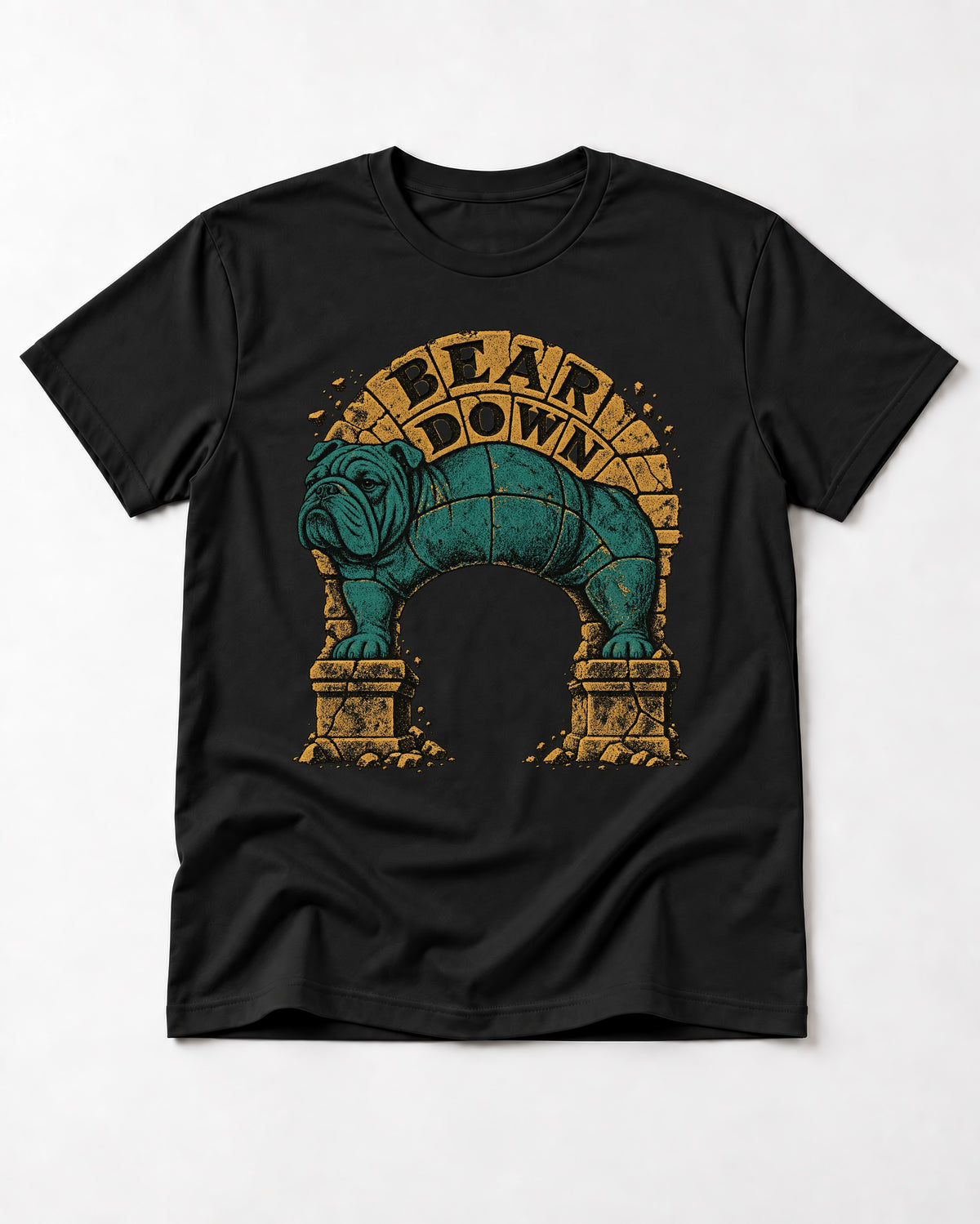 English Bulldog Bear Down Stone Arch Graphic T-Shirt in Black, flat lay product photo