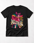 Boston Terrier Never Neutral Fashion Collage Graphic T-Shirt in Black, flat lay product photo
