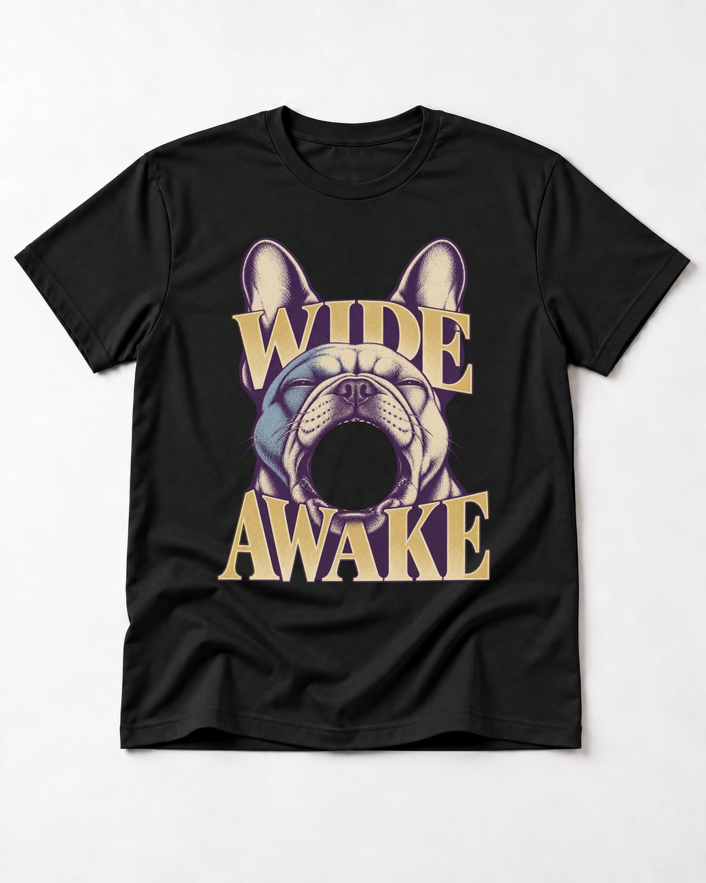 Frenchie Wide Awake Yawn Graphic T-Shirt in Black, flat lay product photo