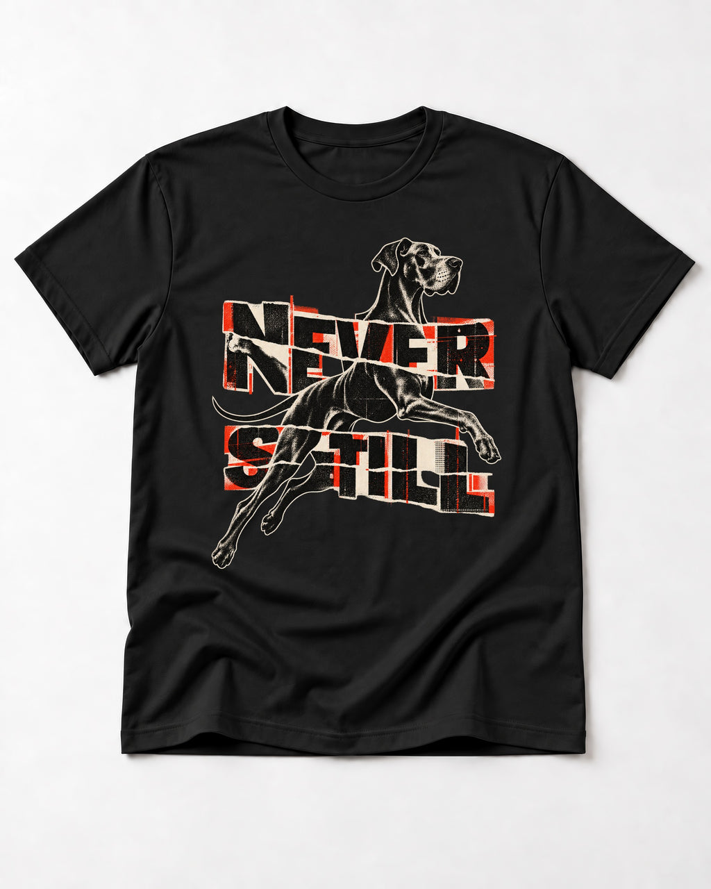 Great Dane Never Still Leaping Collage Graphic T-Shirt in Black, flat lay product photo