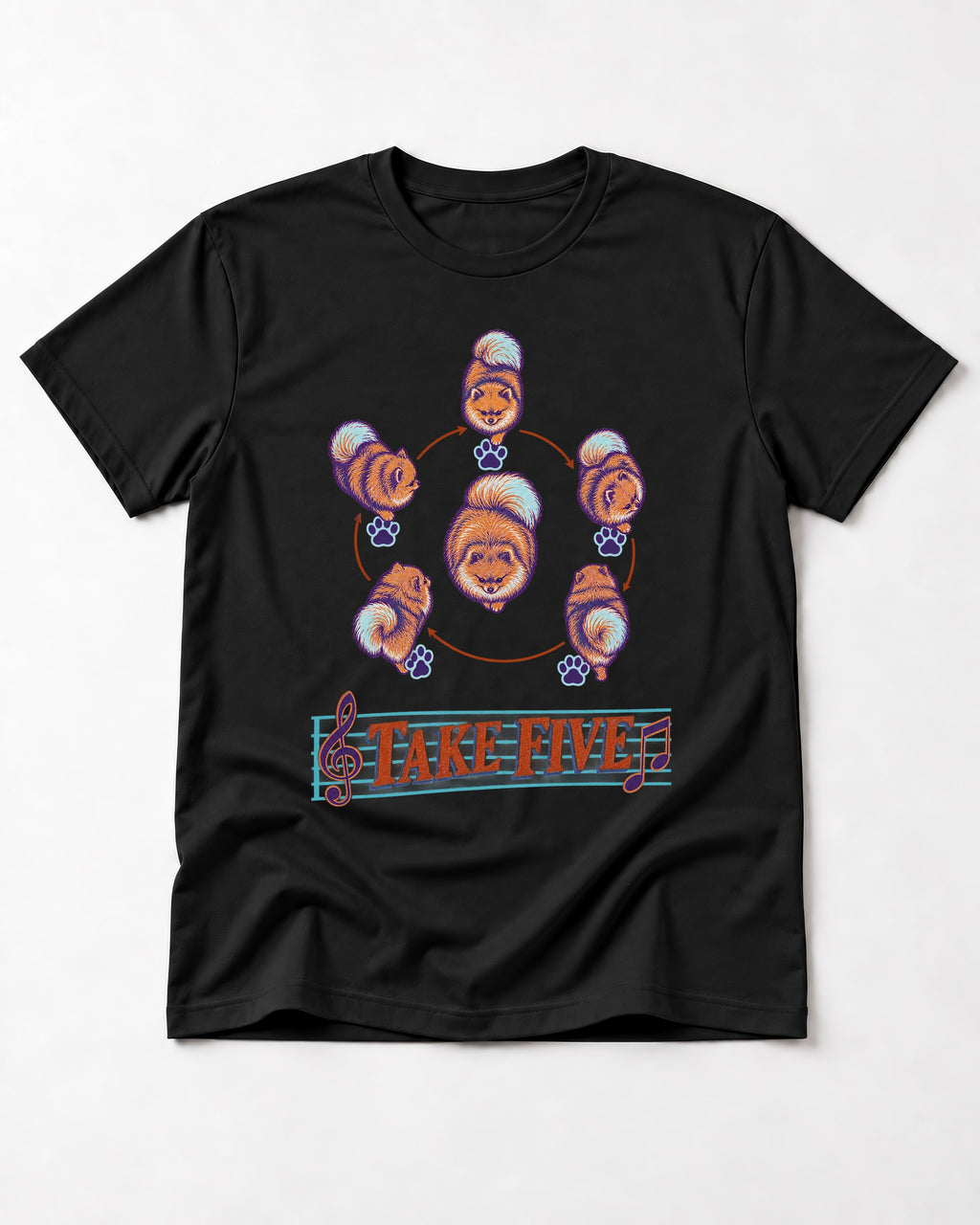 Pomeranian Take Five Choreography Cycle Graphic T-Shirt in Black, flat lay product photo