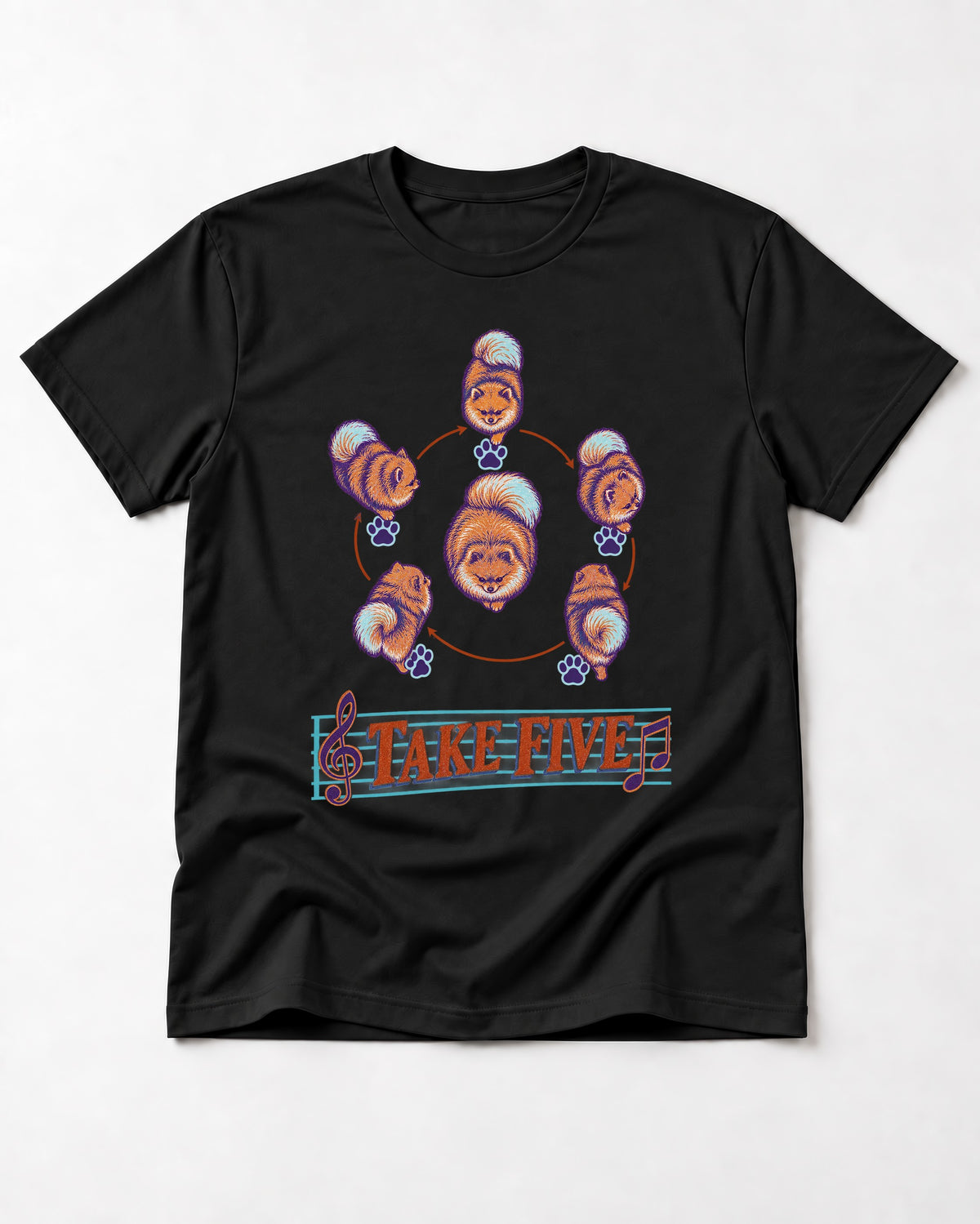 Pomeranian Take Five Choreography Cycle Graphic T-Shirt in Black, flat lay product photo
