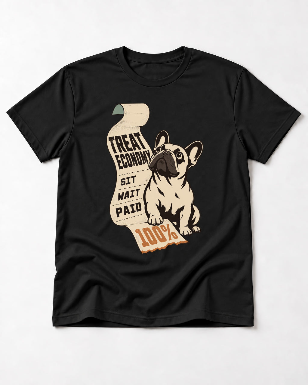 Frenchie Treat Economy Sit Wait Paid Receipt Graphic T-Shirt in Black, flat lay product photo