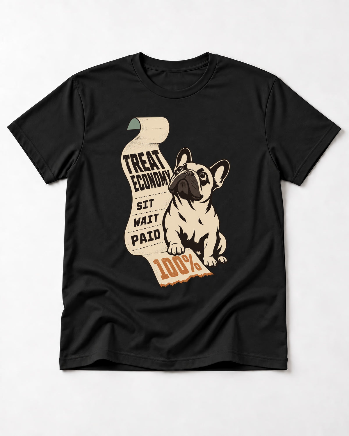 Frenchie Treat Economy Sit Wait Paid Receipt Graphic T-Shirt in Black, flat lay product photo