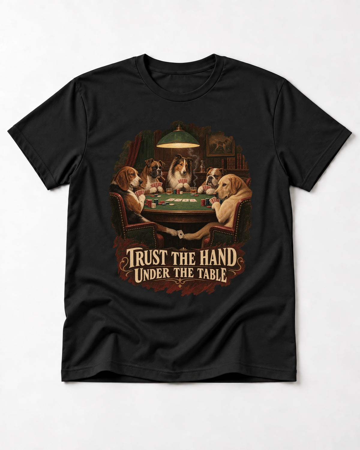 Labrador Retriever Trust the Hand Under the Table Poker Dogs Graphic T-Shirt in Black, flat lay product photo
