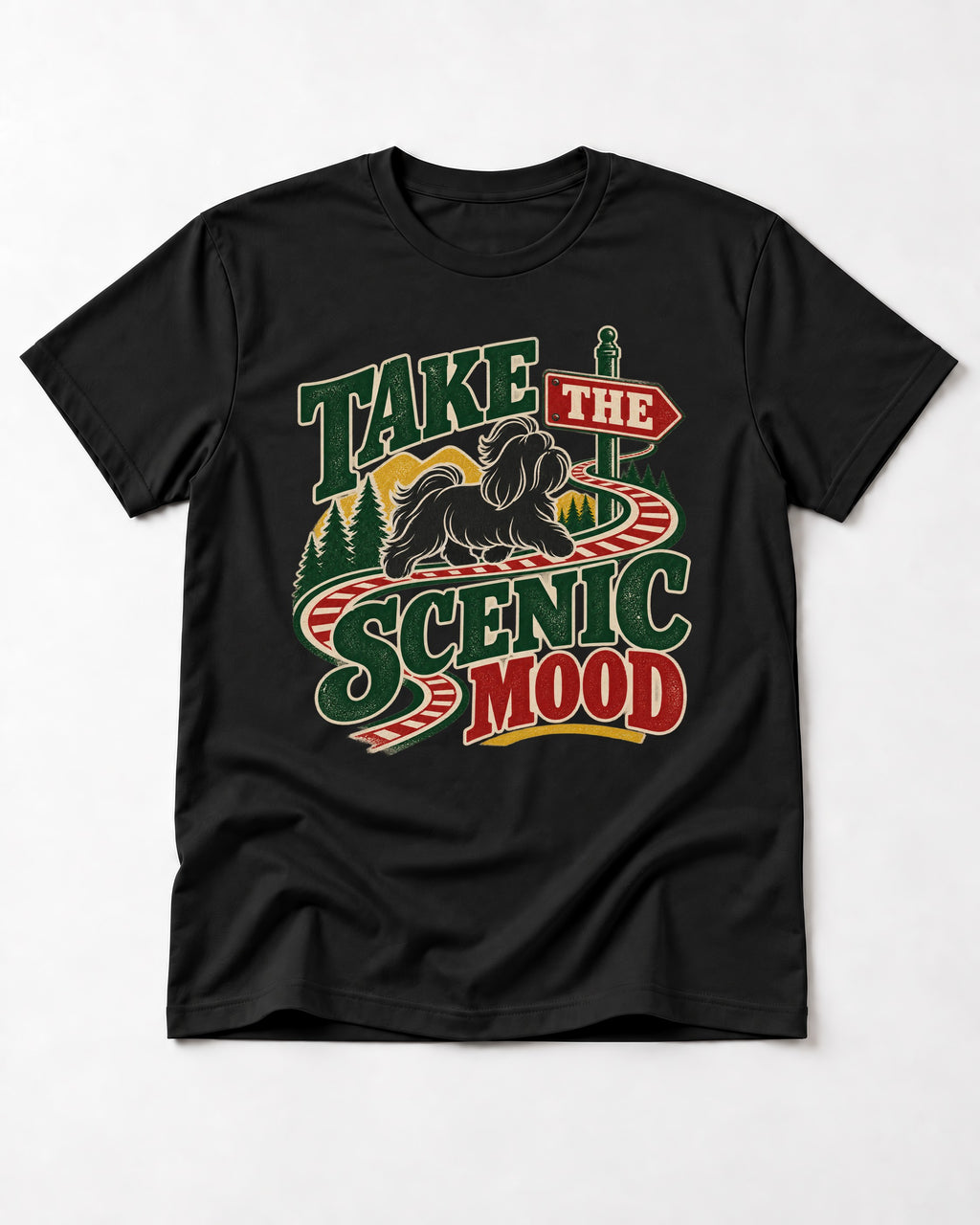 Shih Tzu Take the Scenic Mood Road Sign Graphic T-Shirt in Black, flat lay product photo