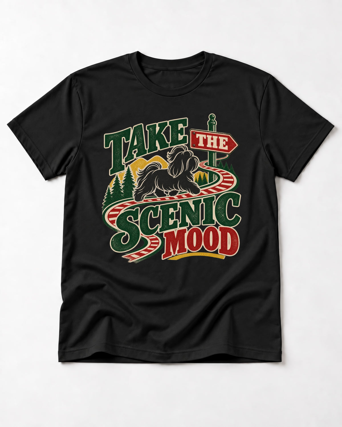 Shih Tzu Take the Scenic Mood Road Sign Graphic T-Shirt in Black, flat lay product photo