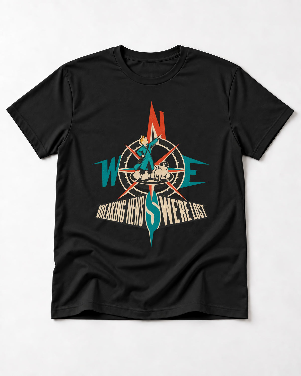 Pug Breaking News We're Lost Compass Graphic T-Shirt in Black, flat lay product photo