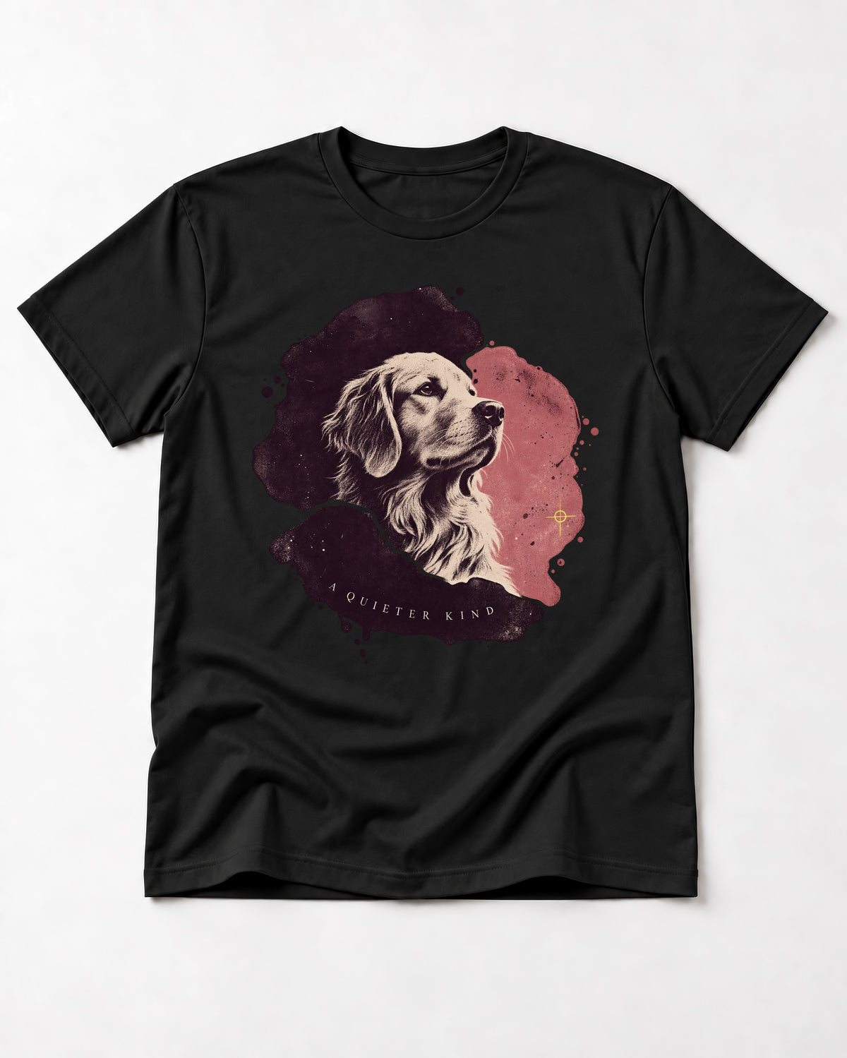 Golden Retriever A Quieter Kind Ink Wash Portrait Graphic T-Shirt in Black, flat lay product photo