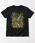 The Secret Garden Grows Boston Terrier T-Shirt in Black, flat lay product photo
