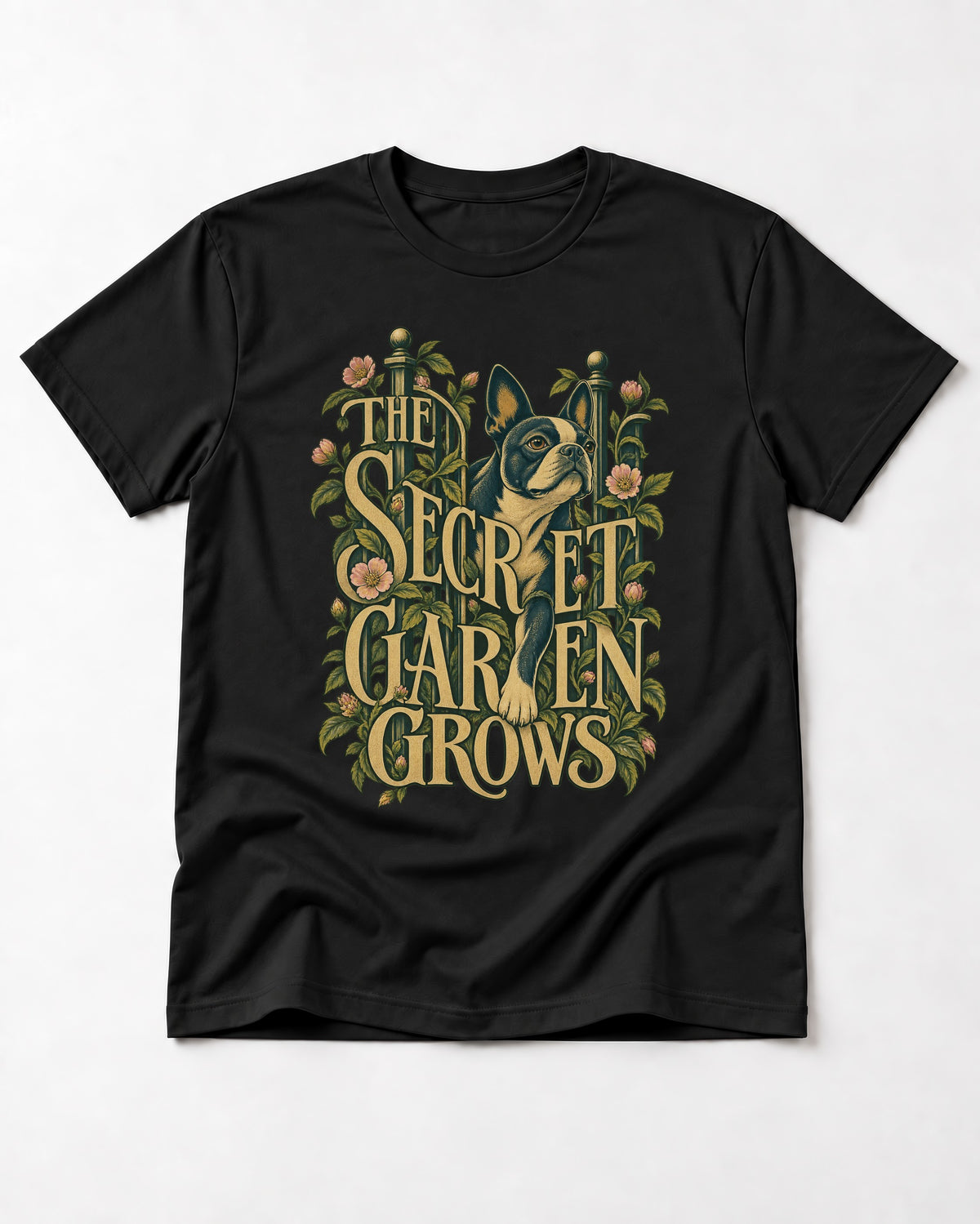 The Secret Garden Grows Boston Terrier T-Shirt in Black, flat lay product photo