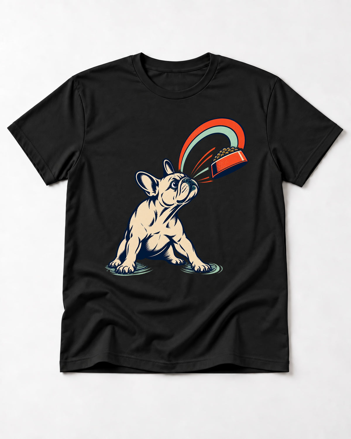 Frenchie Dinner Magnet Graphic T-Shirt in Black, flat lay product photo