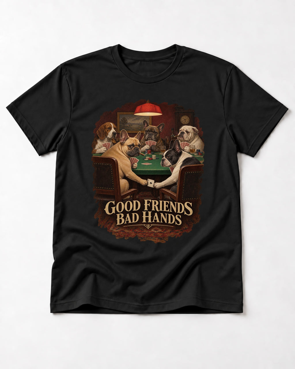 Frenchie Good Friends Bad Hands Poker Graphic T-Shirt in Black, flat lay product photo