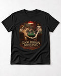 Frenchie Good Friends Bad Hands Poker Graphic T-Shirt in Black, flat lay product photo