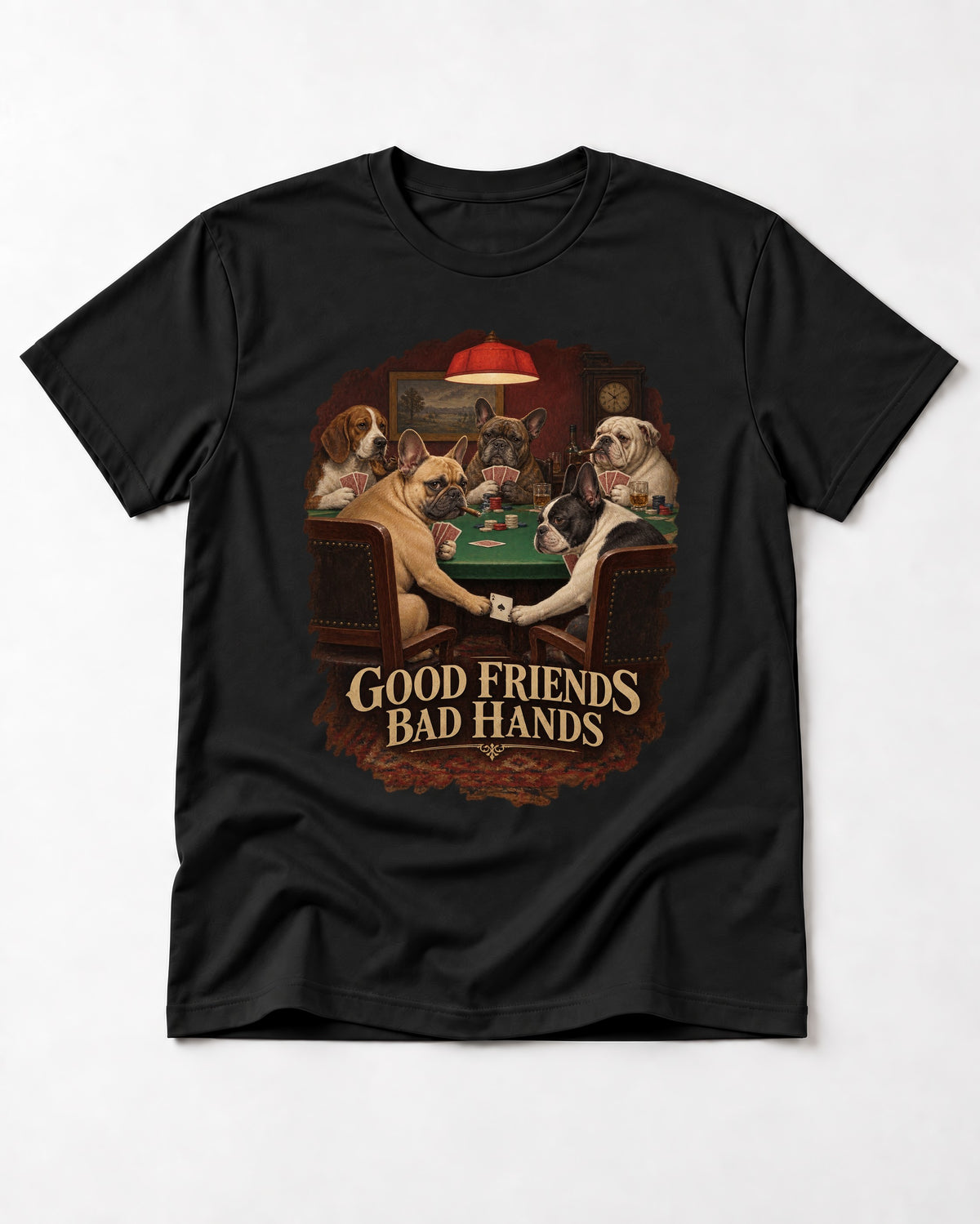 Frenchie Good Friends Bad Hands Poker Graphic T-Shirt in Black, flat lay product photo