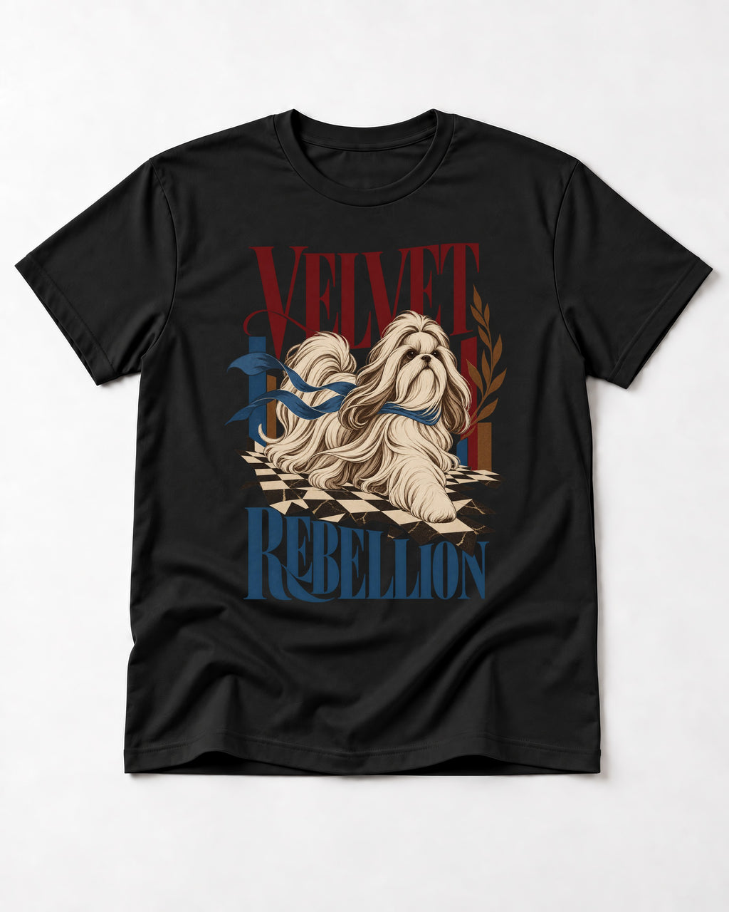 Shih Tzu Velvet Rebellion Checkerboard Graphic T-Shirt in Black, flat lay product photo