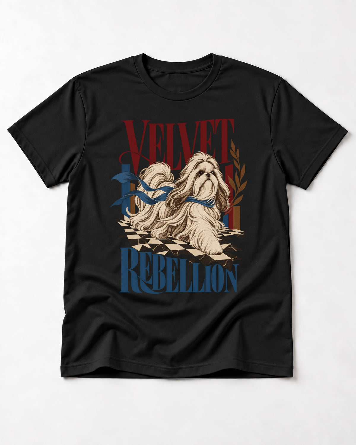 Shih Tzu Velvet Rebellion Checkerboard Graphic T-Shirt in Black, flat lay product photo