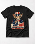 Chihuahua I Want You to Bring Better Energy Uncle Sam Graphic T-Shirt in Black, flat lay product photo