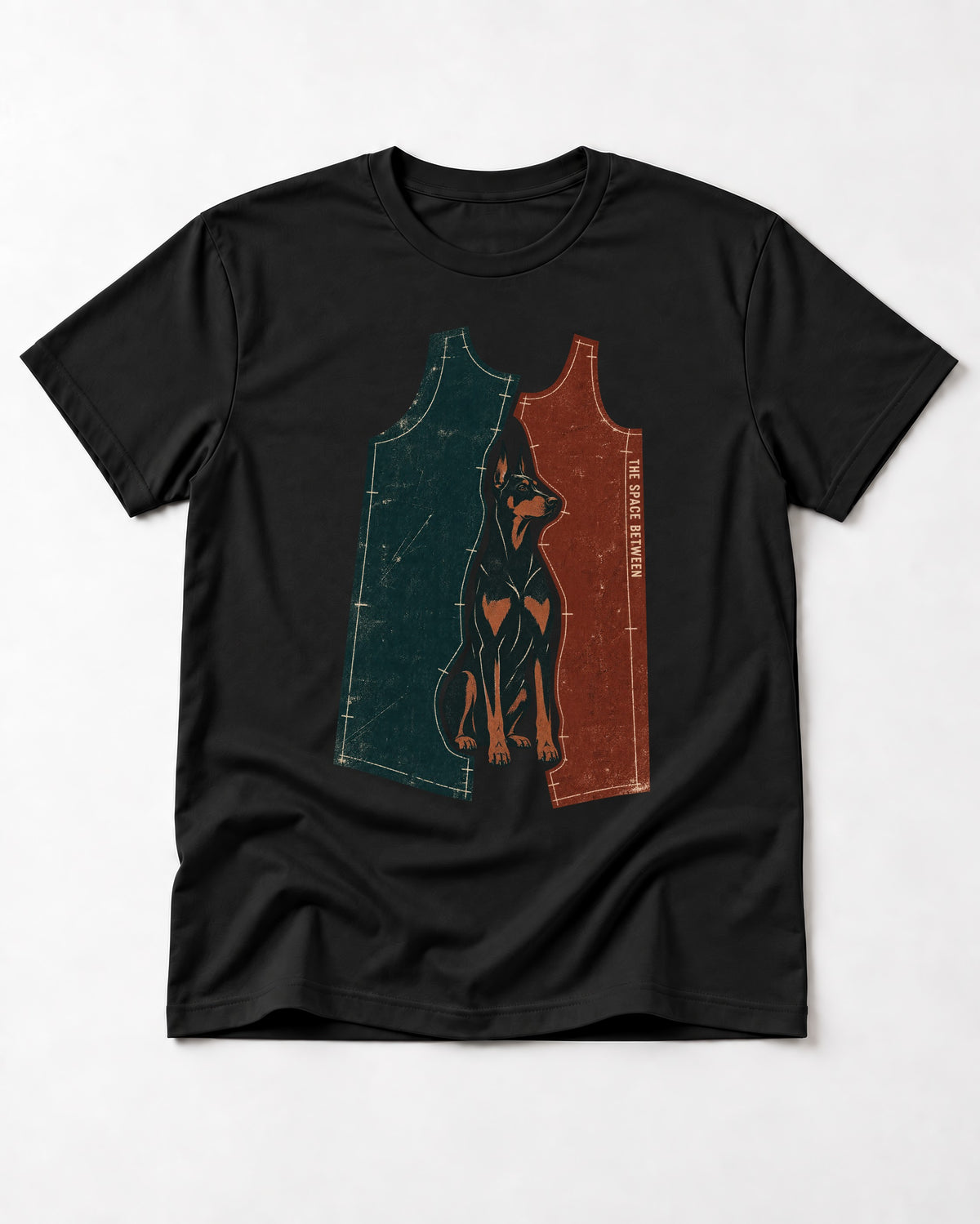 Doberman The Space Between Pattern Pieces Graphic T-Shirt in Black, flat lay product photo