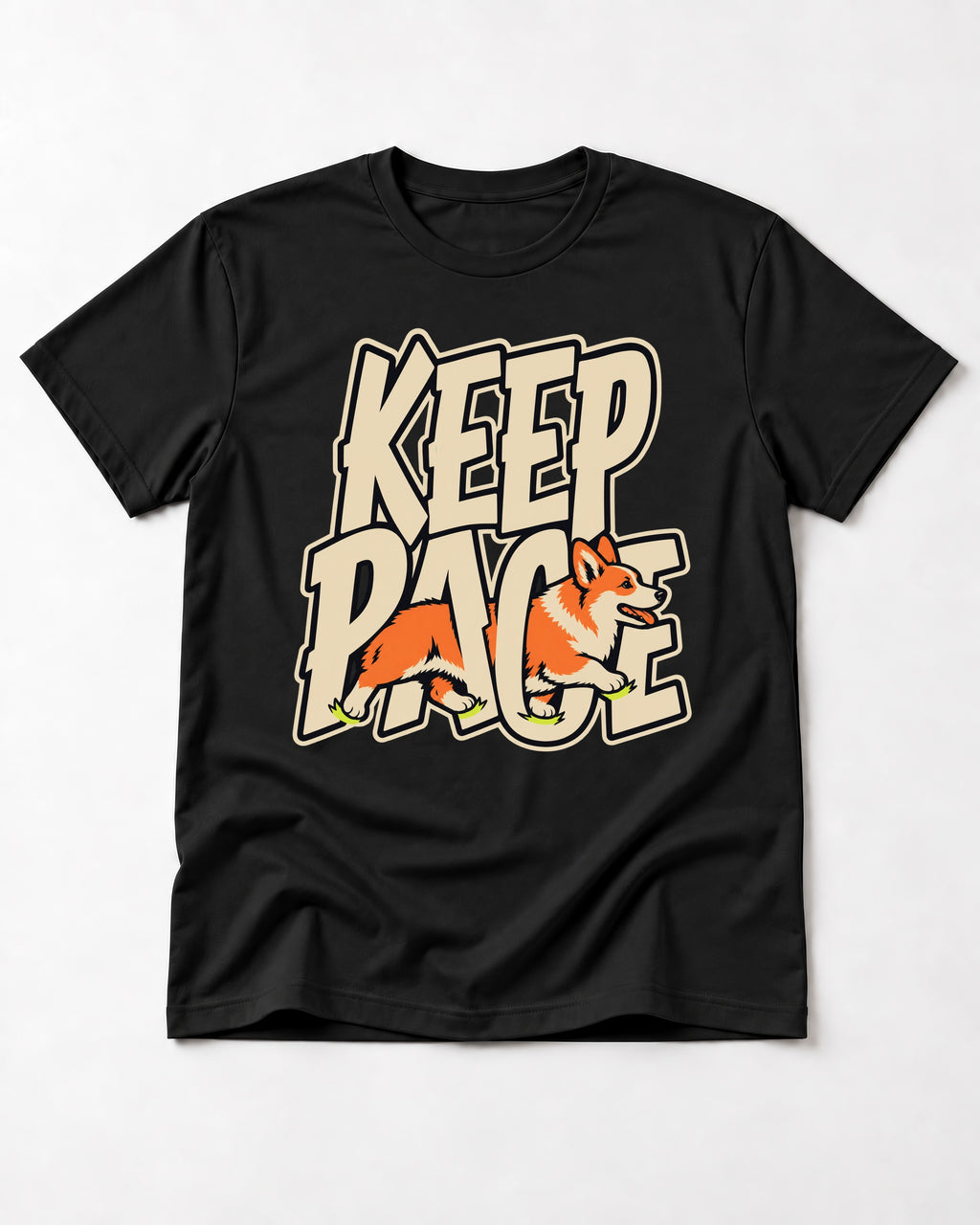 Corgi Keep Pace Running Typographic Graphic T-Shirt in Black, flat lay product photo