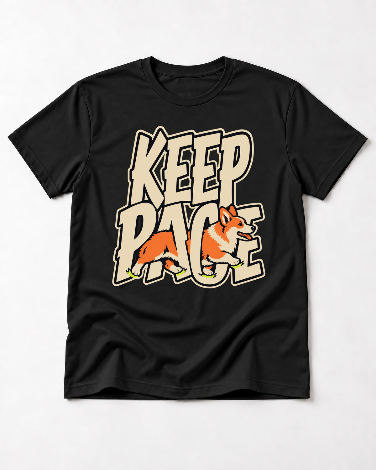 Corgi Keep Pace Running Typographic Graphic T-Shirt in Black, flat lay product photo