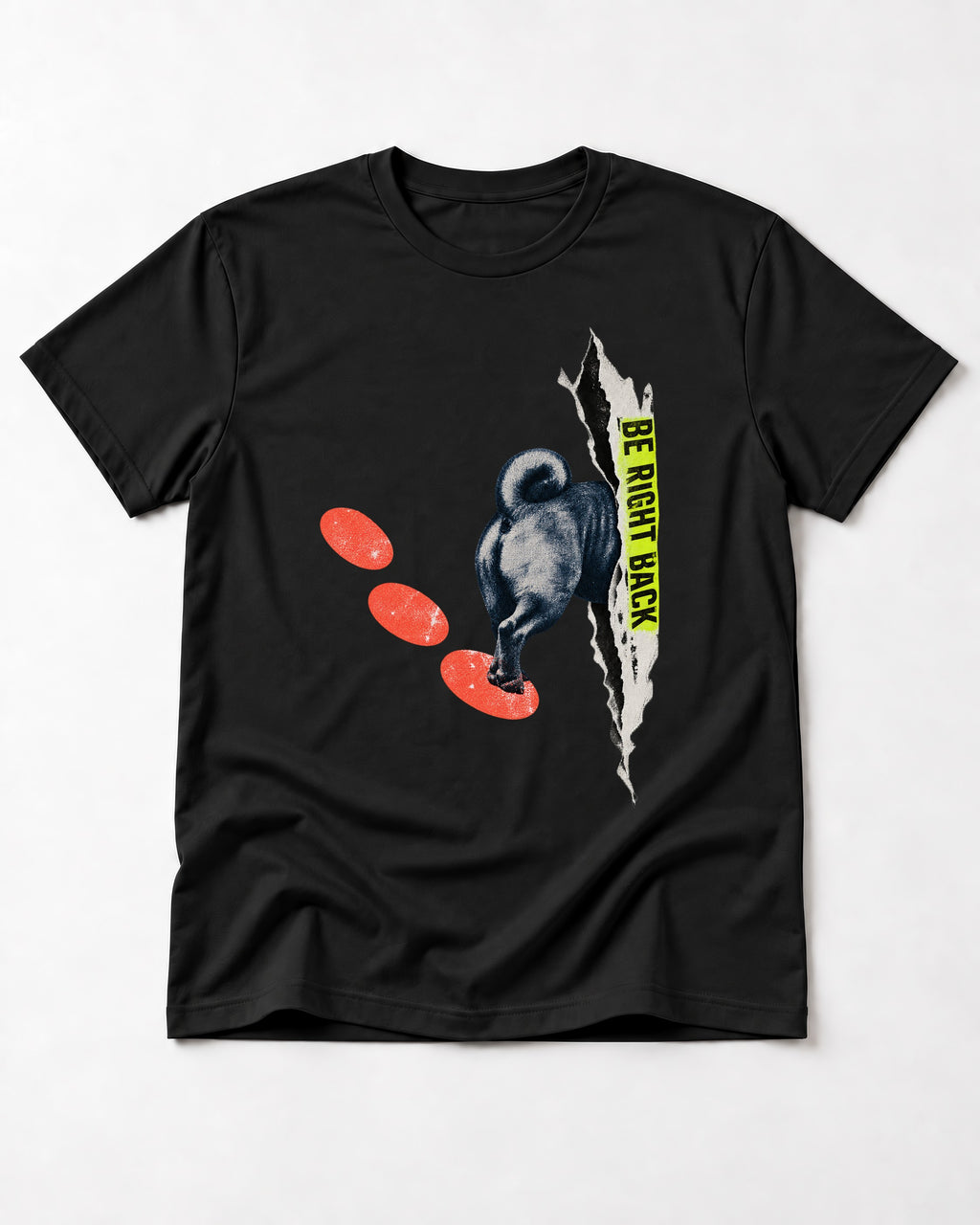 Pug Be Right Back Torn Portal Graphic T-Shirt in Black, flat lay product photo