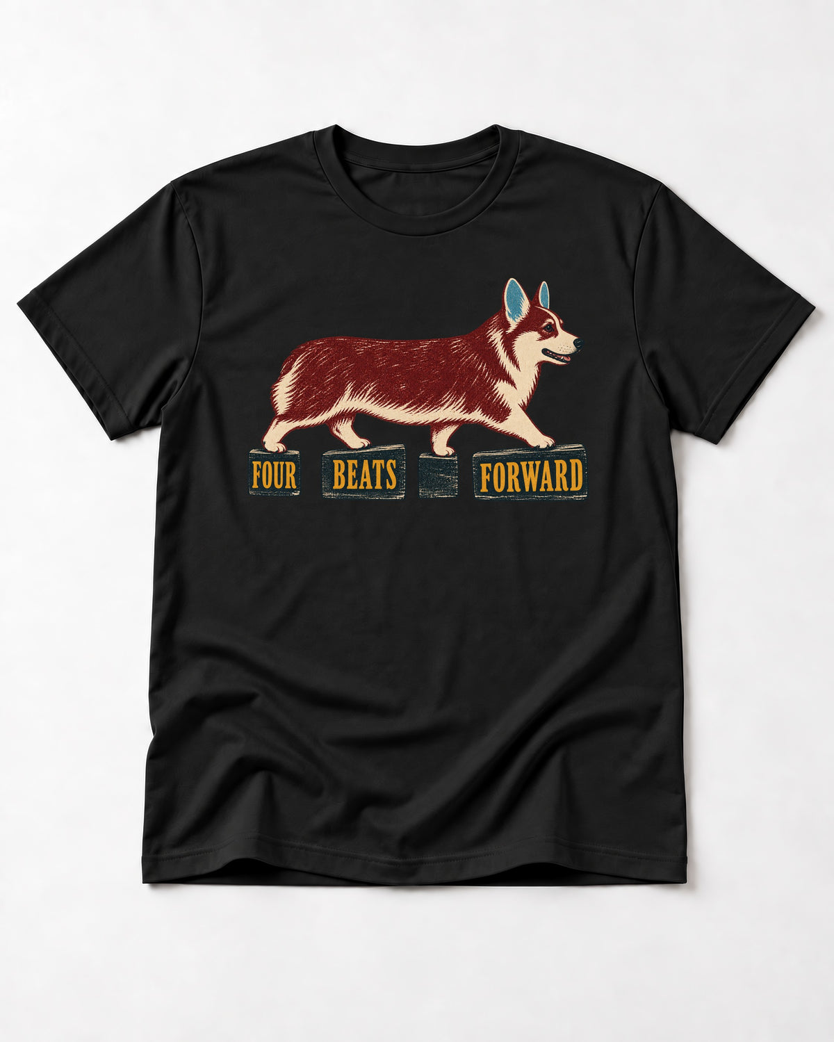 Corgi Four Beats Forward T-Shirt in Black, flat lay product photo