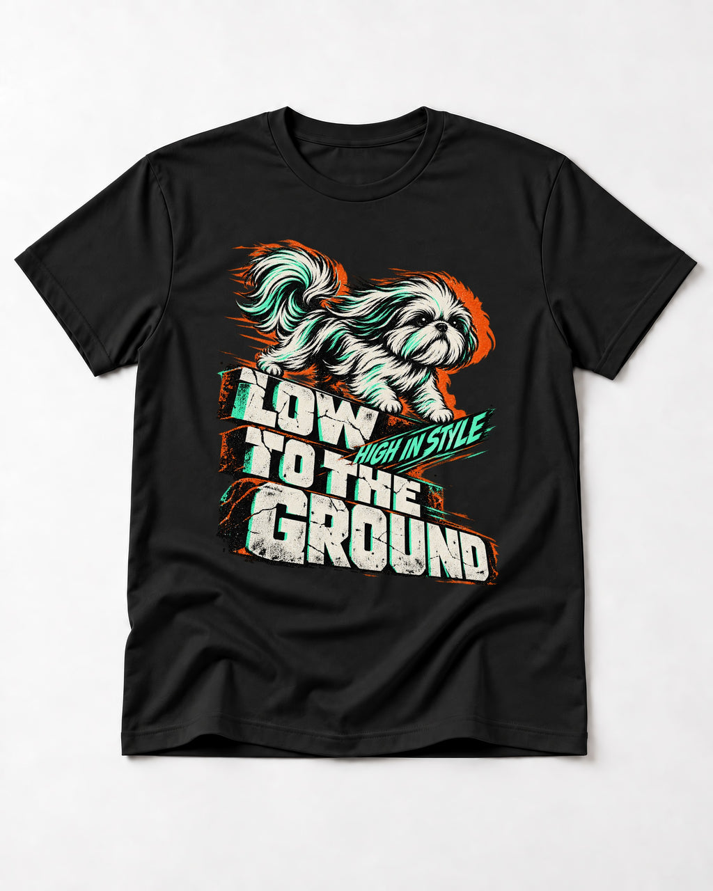 Shih Tzu Low to the Ground High in Style Streetwear Graphic T-Shirt in Black, flat lay product photo