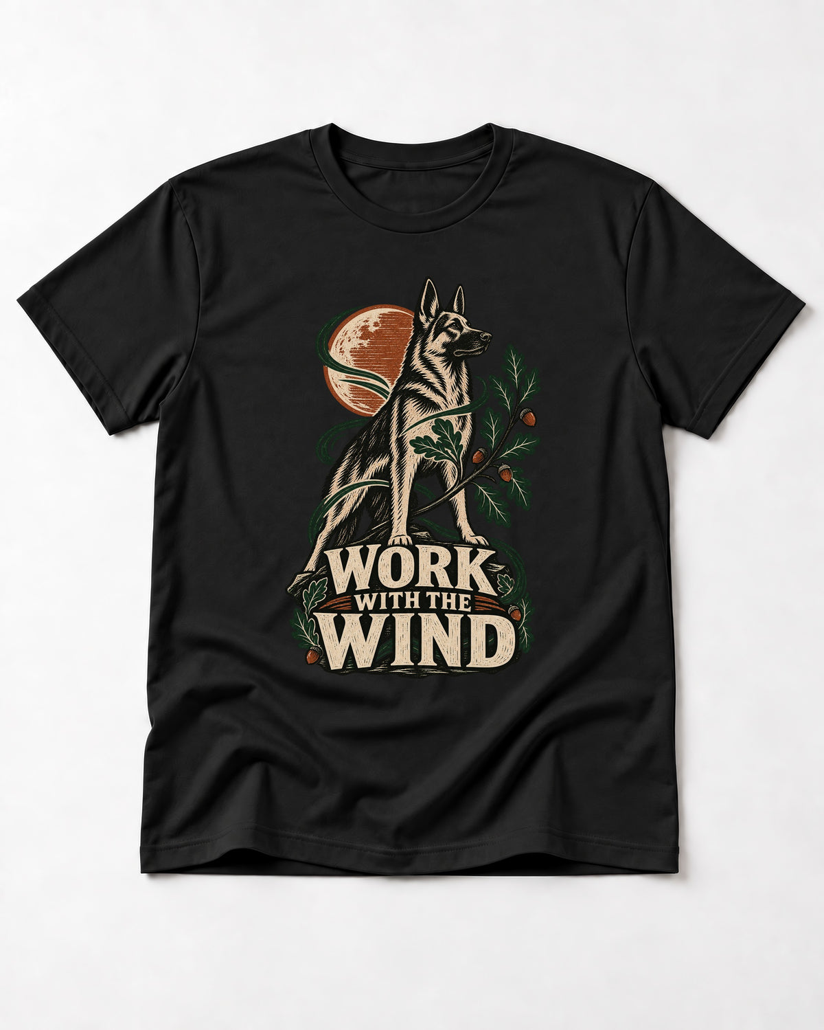 Work With The Wind Botanical Woodcut German Shepherd Dog Graphic T-Shirt in Black, flat lay product photo
