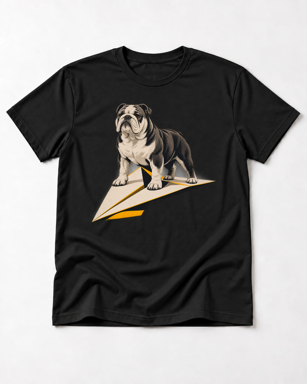 English Bulldog Paper Airplane Graphic T-Shirt in Black, flat lay product photo